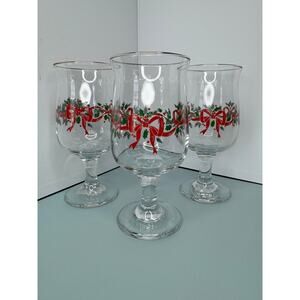 Vintage Libbey Glass Co. Holly Berries Wine Goblets w/Gold Rim Set of 3